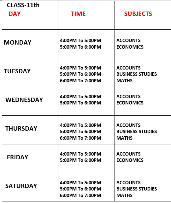 Time Table of Class 11th