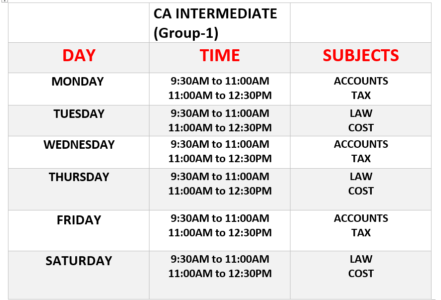 TIME TABLE for CA INTERMEDIATE