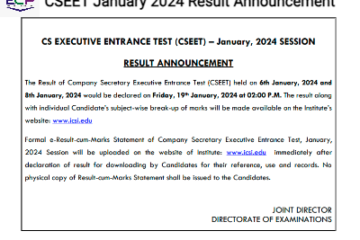 CSEET January 2024 Result Announcement on 19 January, 2024
